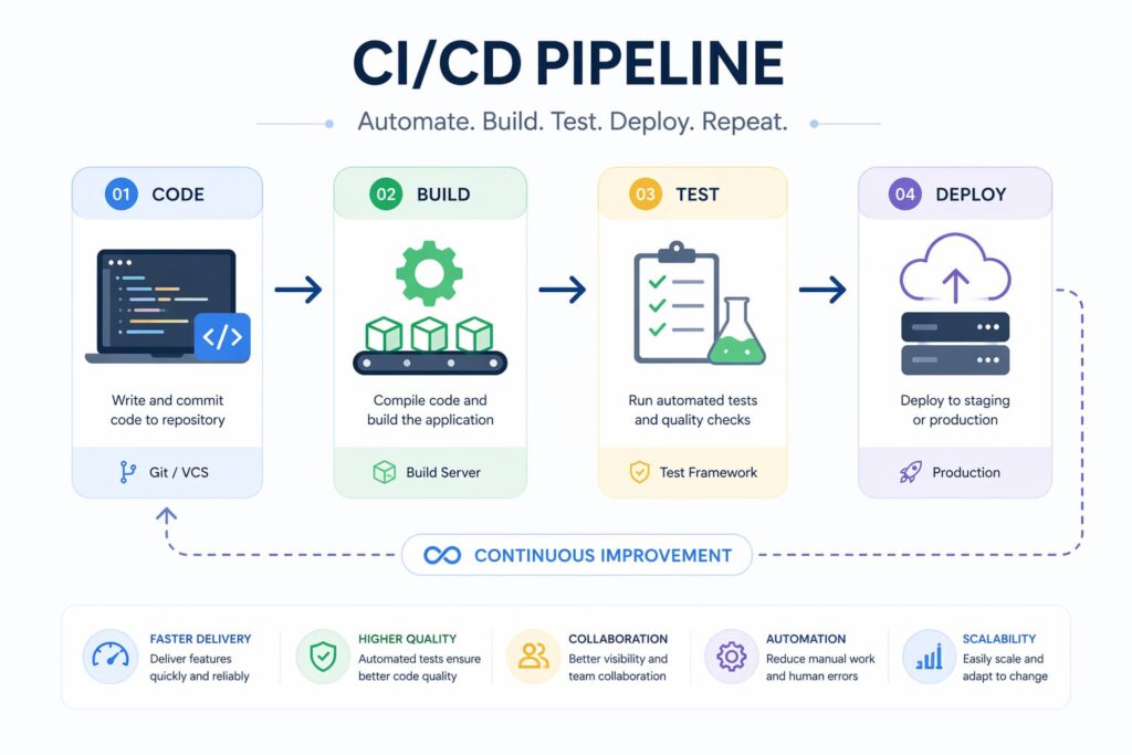 CI/CD pipeline flow diagram showing code build test and deploy stages