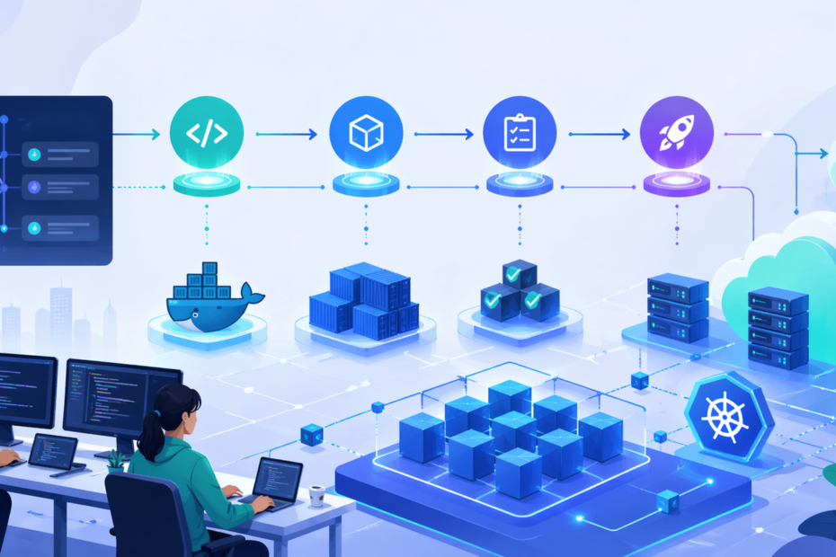 DevOps CI/CD pipeline automation flow diagram with code build test deploy stages