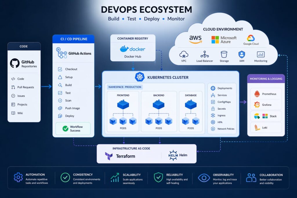 DevOps tools Docker Kubernetes GitHub Actions cloud automation environment illustration
